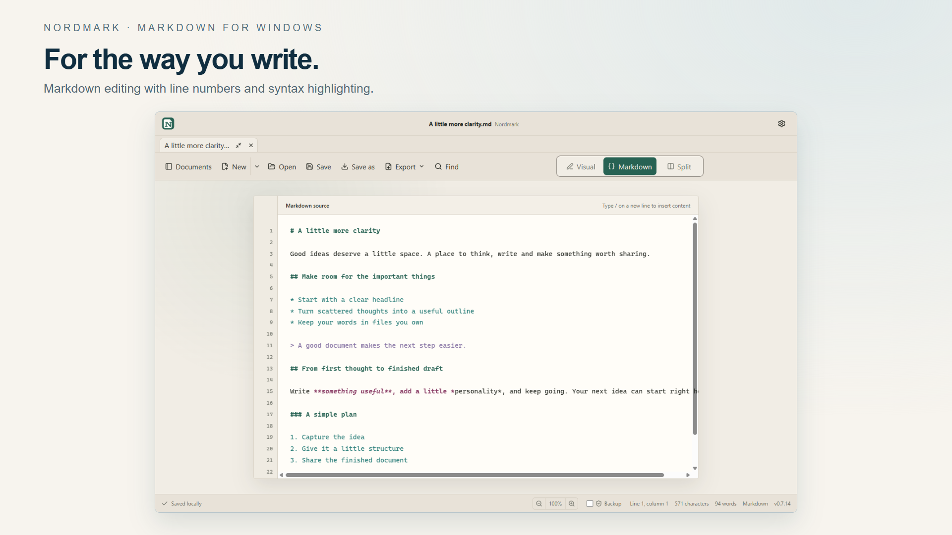Nordmark Markdown editor with line numbers and syntax highlighting