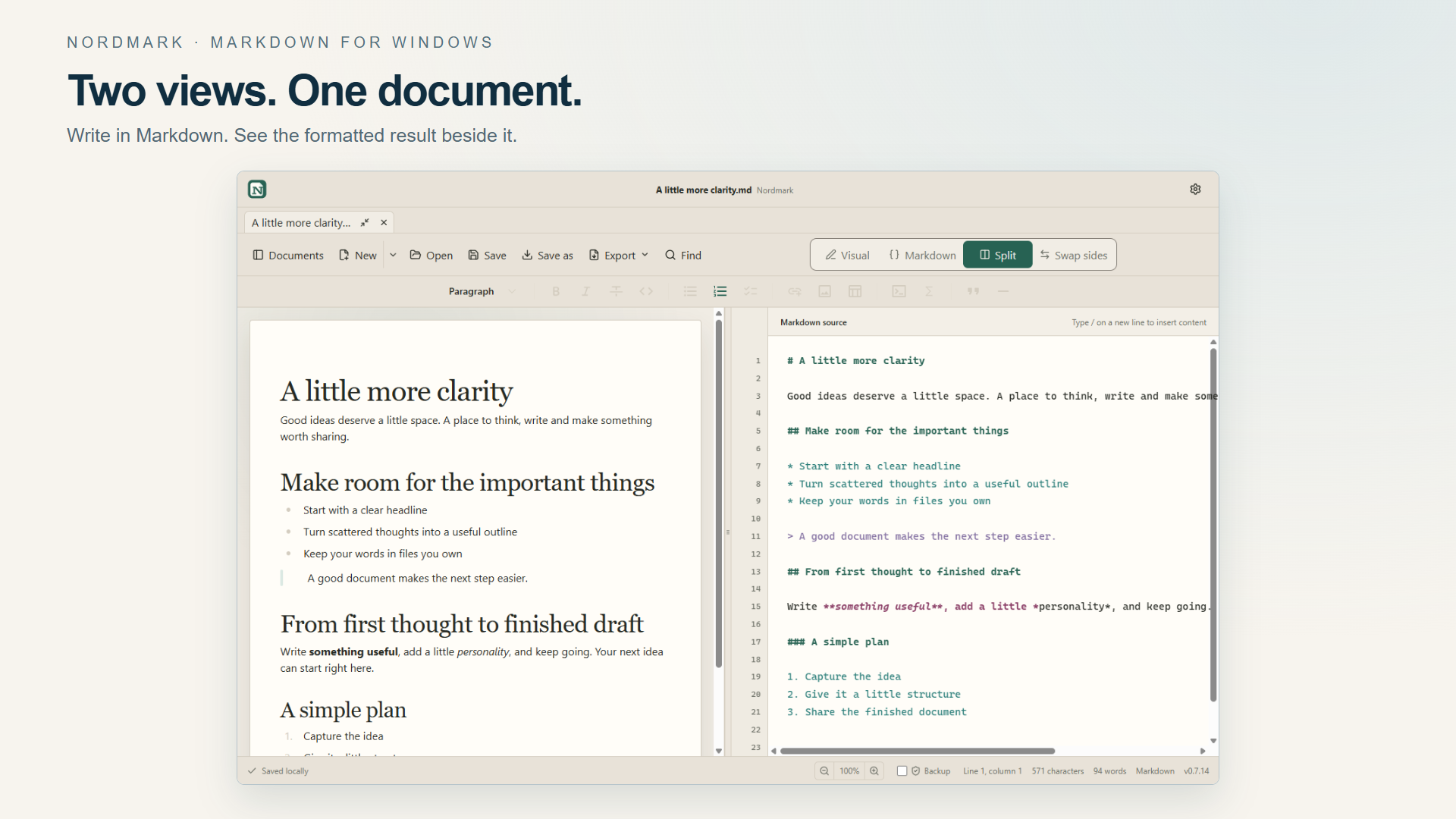 Nordmark split view with Markdown and formatted document